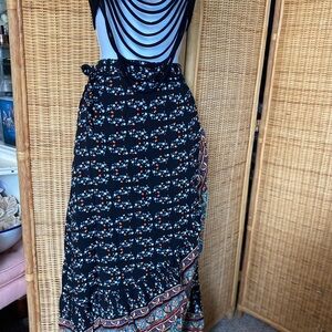 Vintage Retro Floral Black Wrap Maxi Skirt